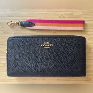 Coach Long Zip Accordion Wallet in Black with Pink Stripe Wrist Strap (NWT)